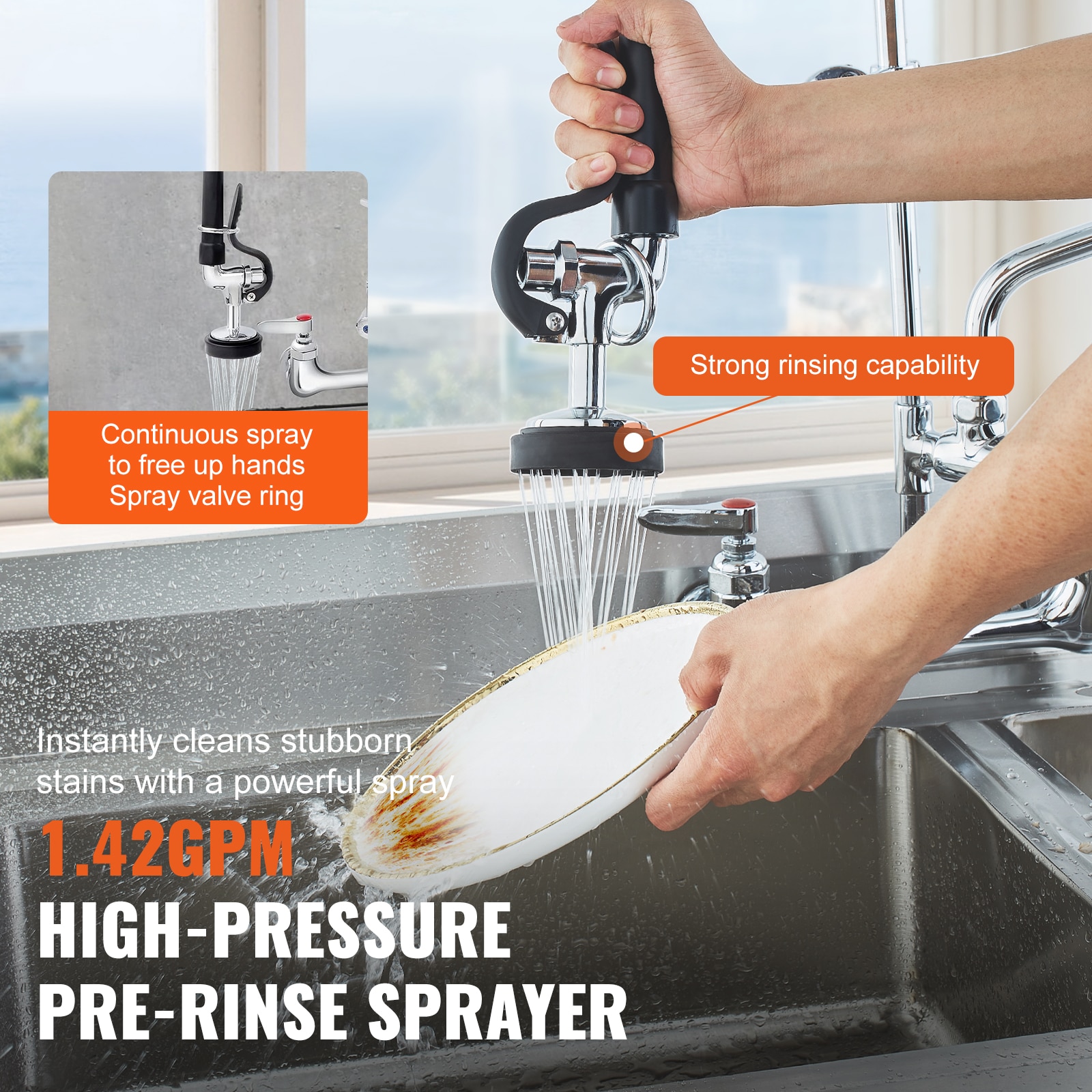 Commercial Kitchen Faucet With Pre-rinse Sprayer And Swing Spout_voghion.com